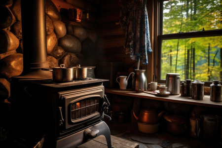 wood stove with a kettle inside a cabin, created with generative aiの素材