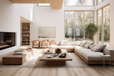 open-concept minimalist living room with natural light, created with generative aiの素材