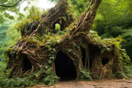 shelter made from branches and foliage, created with generative aiの素材