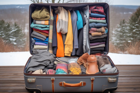 packing a suitcase with layers for different weather, created with generative aiの素材