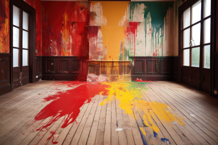 paint splatters on a wooden floor, created with generative aiの素材