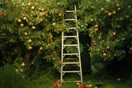 apple tree with a ladder leaning against it, created with generative aiの素材
