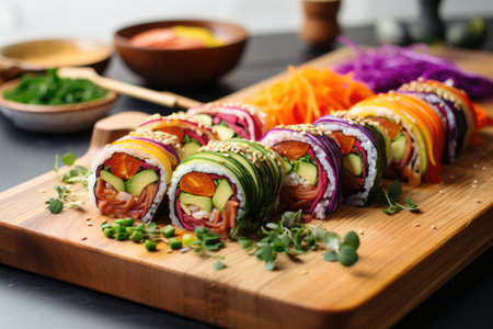 colorful vegan sushi rolls with vegetables, created with generative aiの素材
