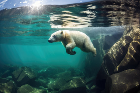polar bear swimming underwater in crystal clear arctic water, created with generative aiの素材
