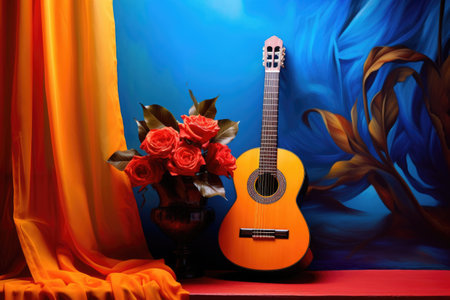 flamenco guitar resting against a vibrant backdrop, created with generative aiの素材