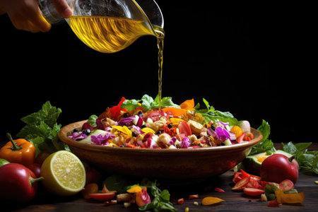 pouring olive oil over a colorful salad in a bowl, created with generative aiの素材