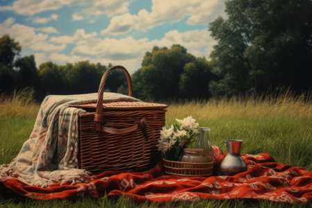 picnic basket on a grassy field beside a blanket, created with generative aiの素材