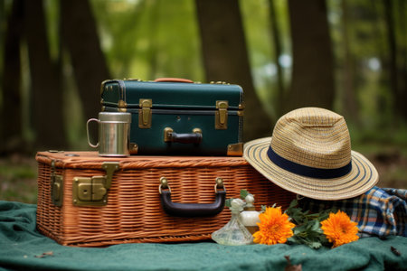 vintage picnic basket with a retro camera and hat, created with generative aiの素材