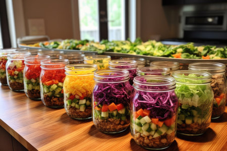 rows of mason jar salads on kitchen counter, created with generative aiの素材