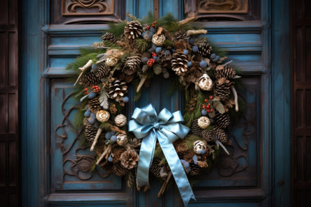 wreath with ribbons and pine cones on a door, created with generative aiの素材