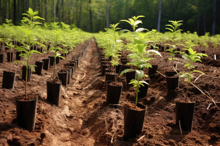 tree seedlings growing in reforestation area, created with generative aiの素材