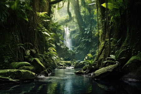 a stream flowing through lush rainforest, created with generative aiの素材