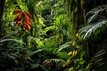 close-up of thriving rainforest vegetation, created with generative aiの素材