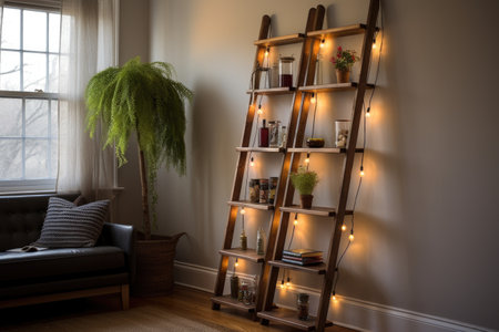 wooden ladder bookshelf with hanging lights, created with generative aiの素材