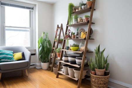 diy ladder bookshelf with woven baskets storage, created with generative aiの素材