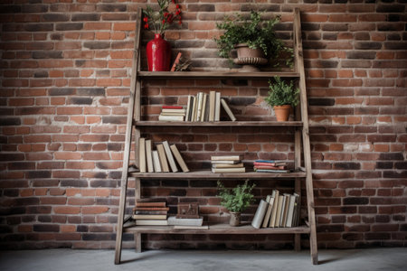 ladder bookshelf against a rustic brick wall, created with generative aiの素材