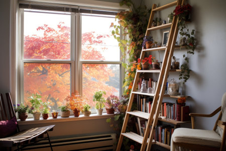 diy ladder bookshelf with artful arrangement of books, created with generative aiの素材