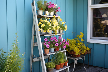 old ladder turned into a colorful plant stand, created with generative aiの素材