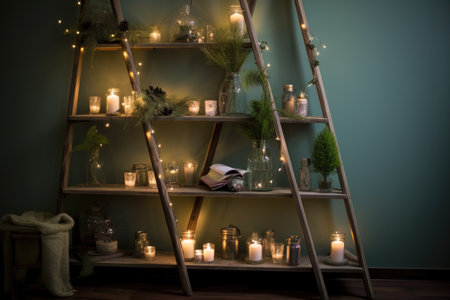 ladder shelf with candles and fairy lights, created with generative aiの素材