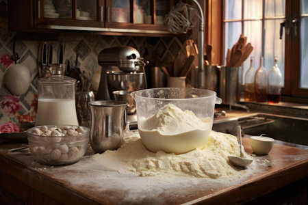 close-up of mixing dough in a home kitchen, created with generative aiの素材