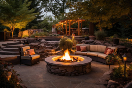 fire pit with surrounding seating area in a backyard, created with generative aiの素材
