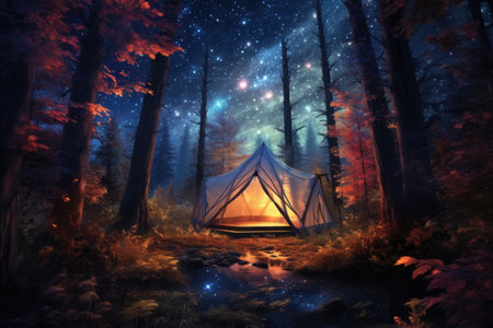 illuminated tent under a starry sky in the forest, created with generative aiの素材