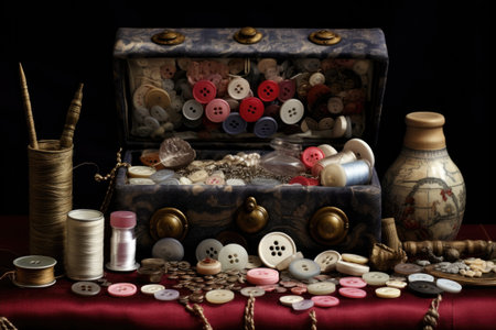 sewing kit with buttons, needles, and thread spools, created with generative aiの素材