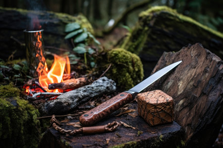 knife and whetstone near a campfire outdoor, created with generative aiの素材