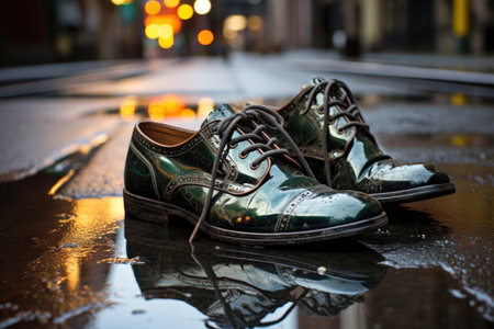 shiny shoes standing on a wet pavement, created with generative aiの素材