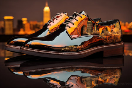 polished shoes with a cityscape reflection, created with generative aiの素材