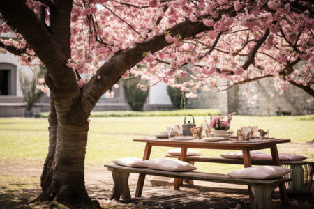 spring picnic setup under blossoming trees, created with generative aiの素材