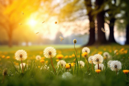 dandelion field with soft-focused spring background, created with generative aiの素材
