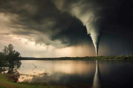tornado forming a dark funnel cloud over a lake, created with generative aiの素材