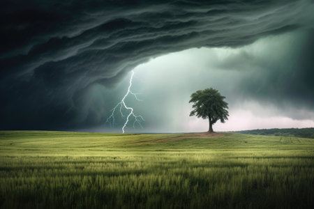 tornado passing by a lone tree in a field, created with generative aiの素材