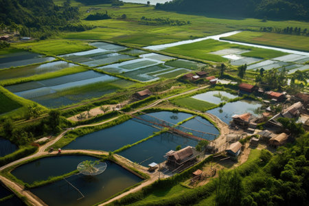aerial view of eco-friendly fish farm ponds, created with generative aiの素材