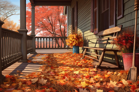 broom sweeping autumn leaves on porch or sidewalk, created with generative aiの素材