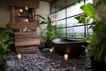 zen-inspired bath with pebbles, bamboo, and green plants, created with generative aiの素材