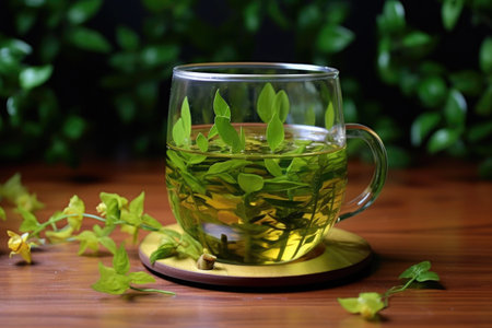 green tea leaves slowly sinking in transparent cup, created with generative aiの素材