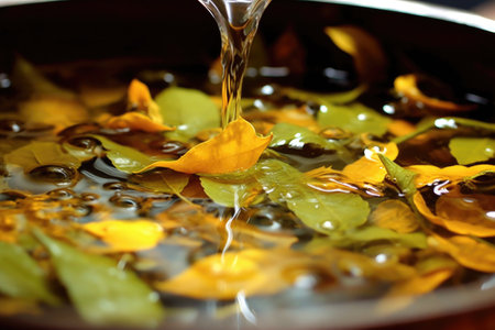 close-up of tea leaves unfurling in hot water, created with generative aiの素材