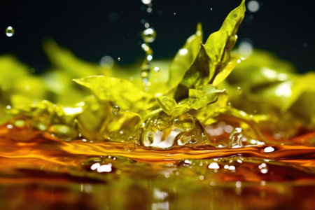 macro shot of tea leaves releasing flavor in water, created with generative aiの素材
