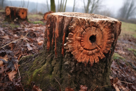 close-up of a tree stump with chainsaw marks, created with generative aiの素材