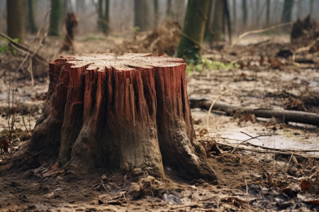 close-up of a tree stump in a deforested zone, created with generative aiの素材