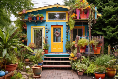 exterior of a colorful tiny house with garden, created with generative aiの素材