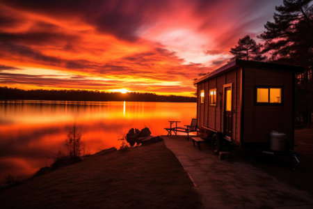 tiny house on wheels at sunset by a lake, created with generative aiの素材