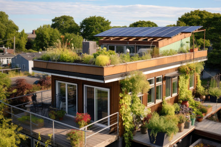 tiny house with a rooftop garden for sustainability, created with generative aiの素材