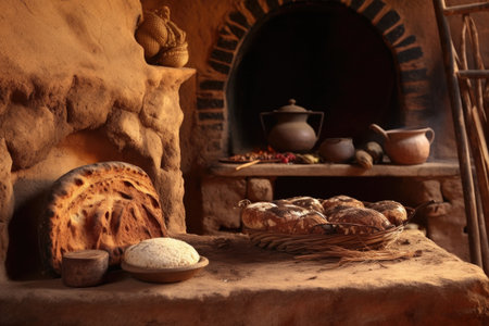 traditional clay oven with firewood and bread inside, created with generative aiの素材