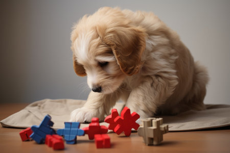 puppy interacting with educational puzzle toy, created with generative aiの素材