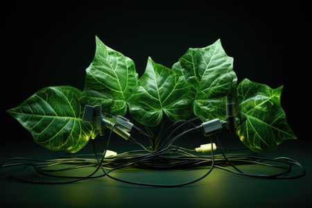green energy concept: artificial leaves with power cords, created with generative aiの素材