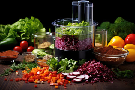 fresh salad ingredients being chopped in a food processor, created with generative aiの素材