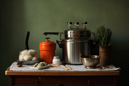pressure cooker with kitchen utensils nearby, created with generative aiの素材